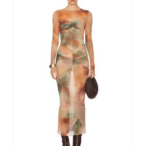 Camila Coelho Long Sheer Mesh Maxi Dress in Rust and Green Watercolor